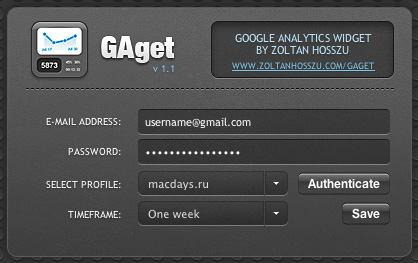 GAget — статистика Google Analytics у вас в Dashboard